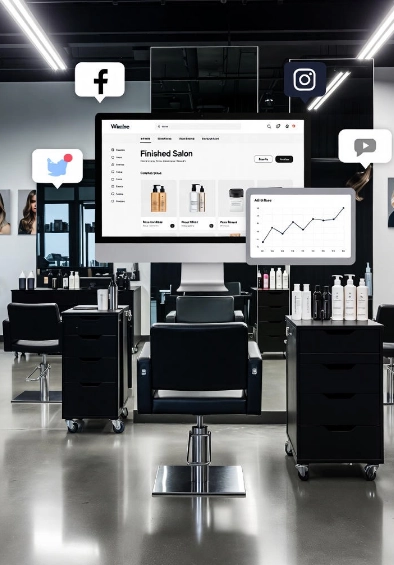 Salon workspace with styling station and digital screens